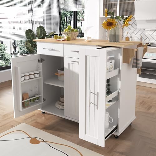 White Farmhouse Kitchen Island with Power Outlet and Drop Leaf T21353