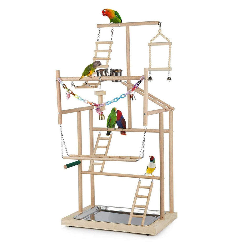 Parrot Bird Play Stand Wood Perch Gym Playpen Ladder with Feeder Cups M699555