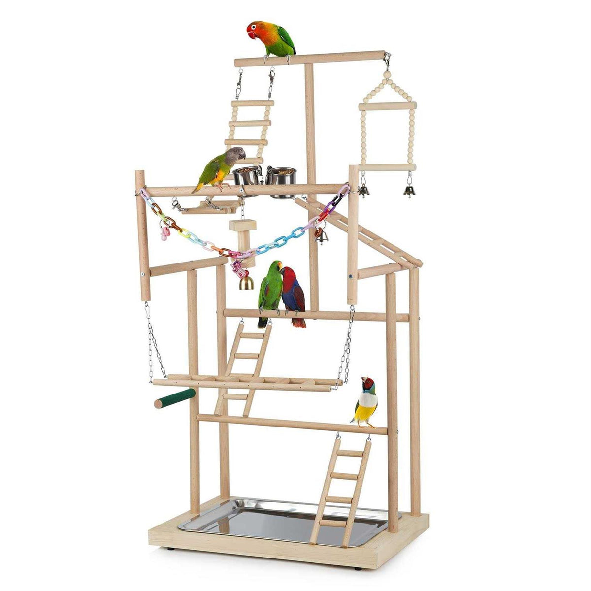 Parrot Bird Play Stand Wood Perch Gym Playpen Ladder with Feeder Cups M699555