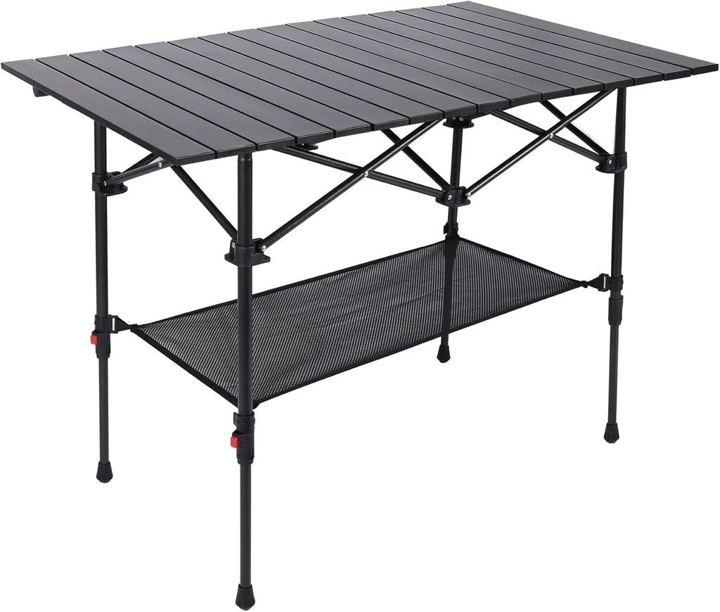 Aluminum Camping Table Roll Top with Mesh Storage, Folding Lightweight, Black, 37.4x25 Inch Q924604