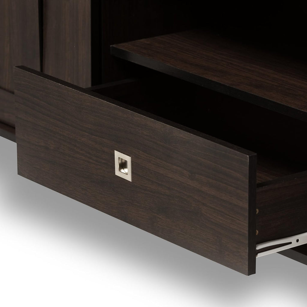 Dark Brown Wood TV Cabinet with 2 Sliding Doors and Drawer A513