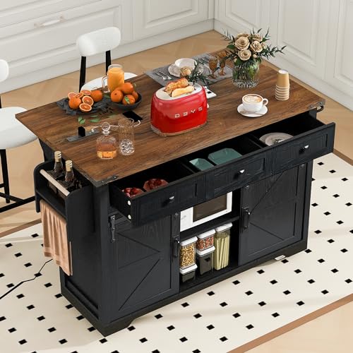 White Farmhouse Kitchen Island with Power Outlet and Drop Leaf T21353