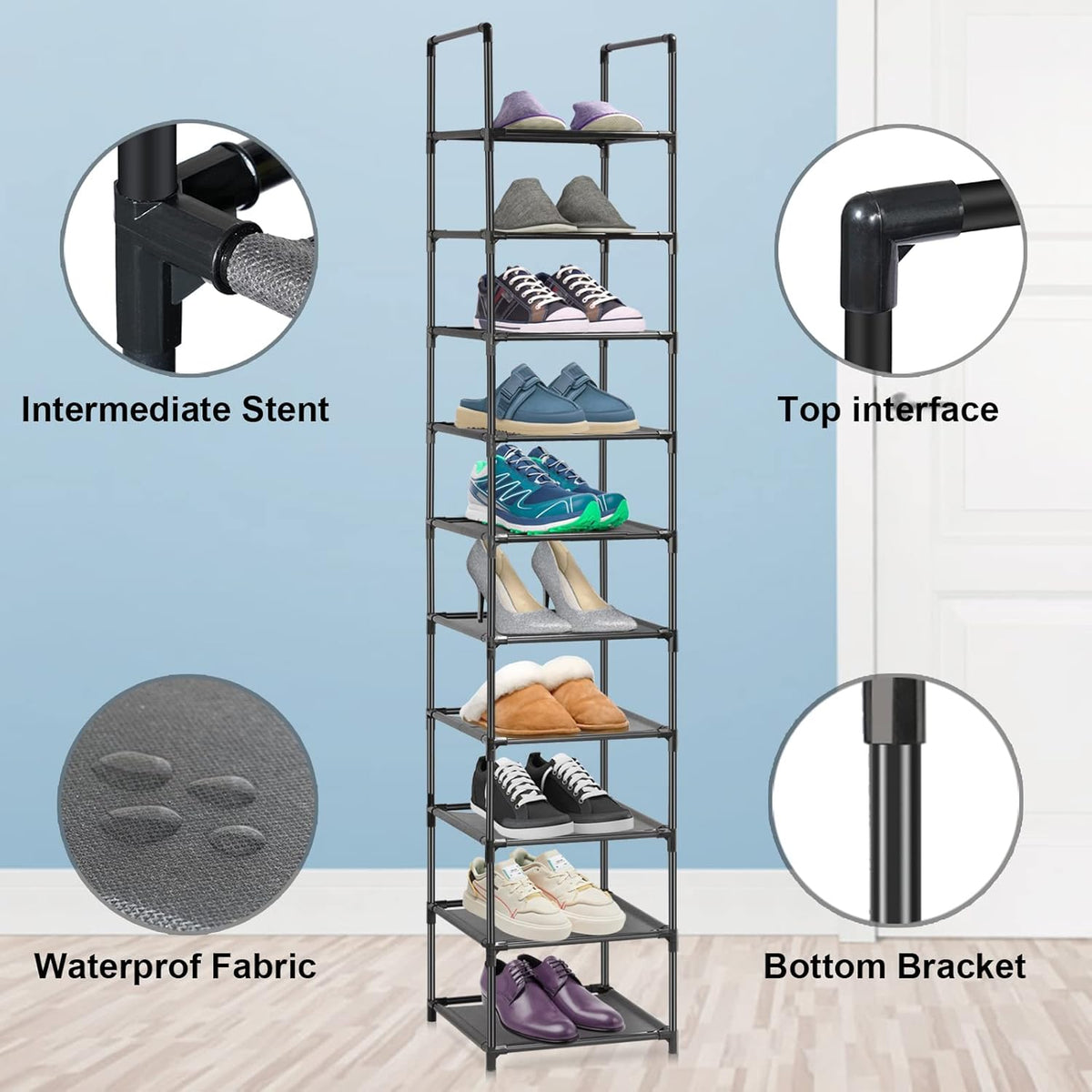 10 Tiers Narrow Tall Shoe Rack Black P8911