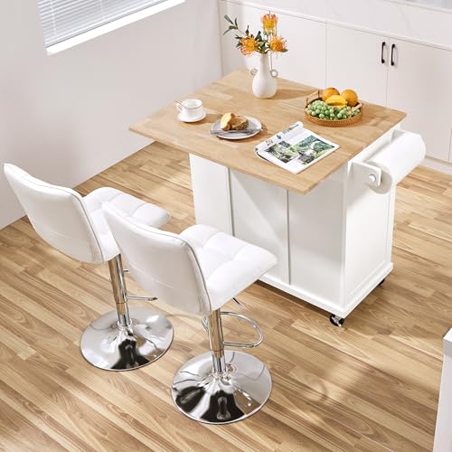 White Rolling Kitchen Island Cart with Drop Leaf, 2 Drawers N85781