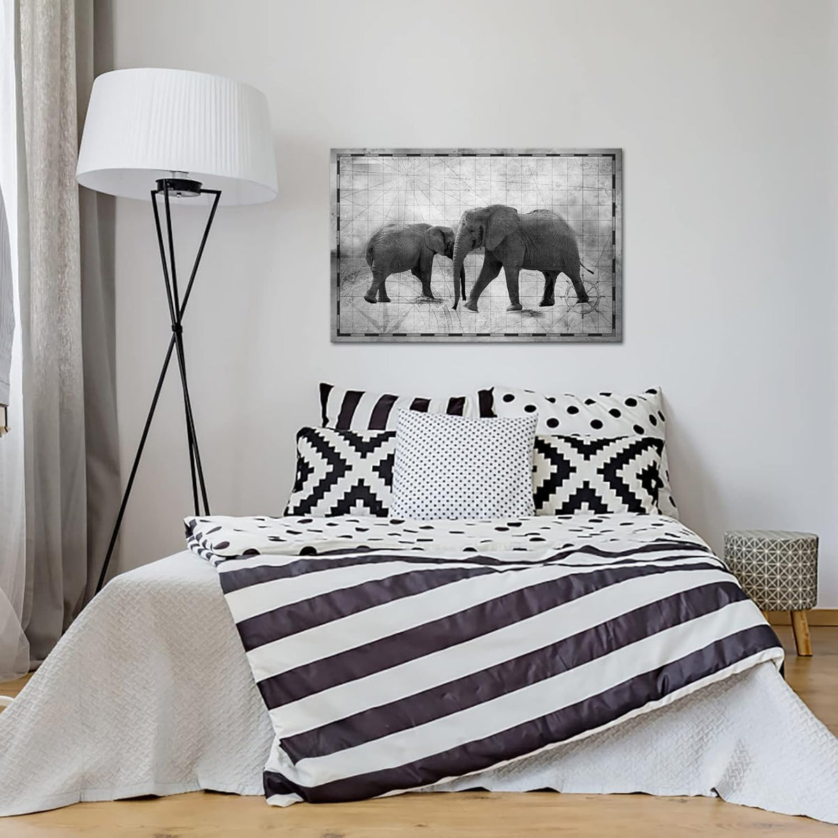 Vintage African Animals Wall Art Elephant Print on Nautical Map Canvas Picture Framed A5973