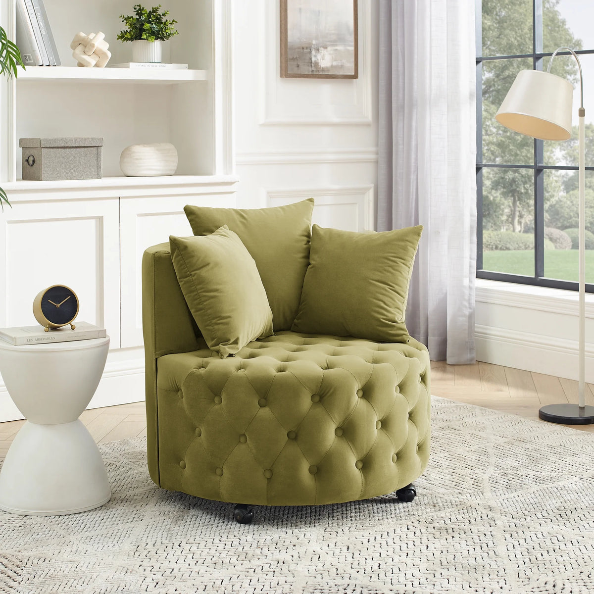 Khaki Green Velvet Swivel Chair with Wheels Q994