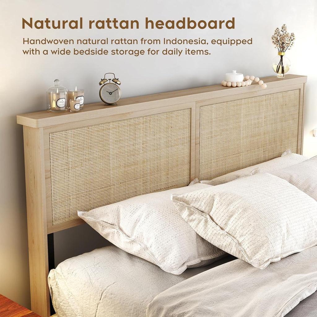 Natural Rattan Queen Bed Frame with Wooden Headboard and 4 Storage Drawers T4797
