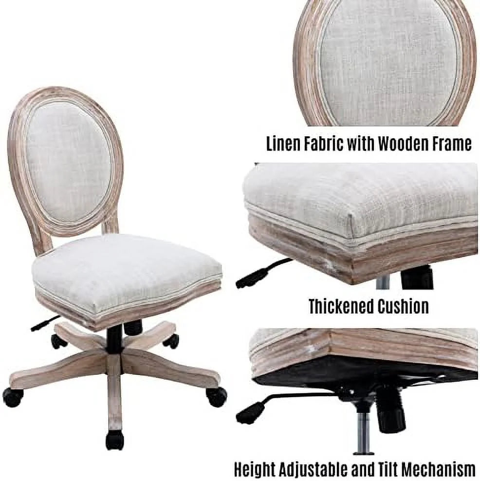 Beige Rattan Back Linen Swivel Task Chair with Wheels T40303