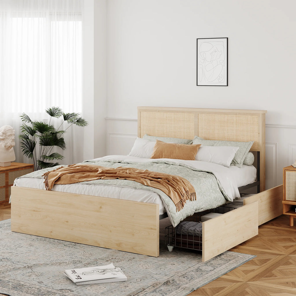 Natural Rattan Queen Bed Frame with Wooden Headboard and 4 Storage Drawers T4797