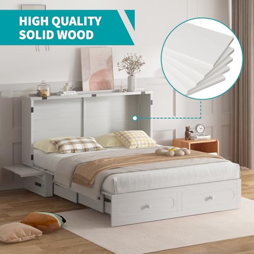 Queen Cabinet Chest Bed with USB Charging Station, Tri-Fold Mattress, 2 Storage Drawers Dark Grey L396