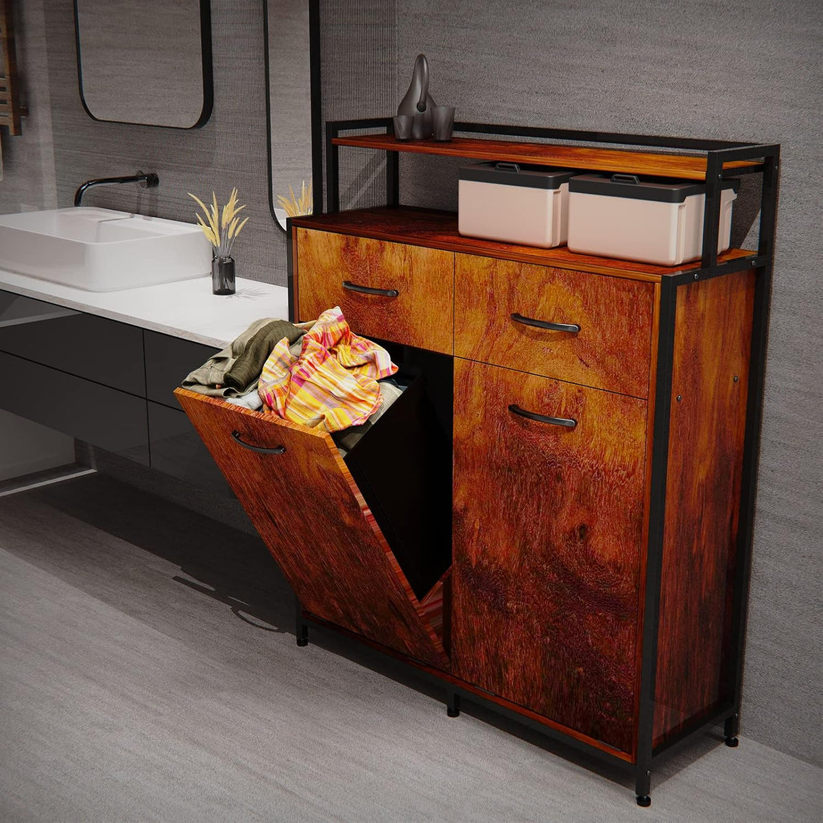 Dual Tilt Out Trash Cabinet with 2 Drawers and Shelf O654