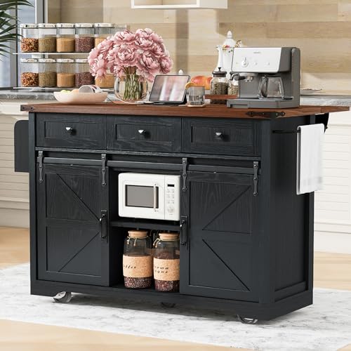 White Farmhouse Kitchen Island with Power Outlet and Drop Leaf T21353