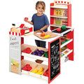 Red Wooden Supermarket Toy Set with Play Food, Cash Register, Conveyor L1942