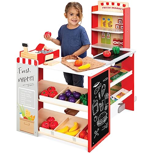 Red Wooden Supermarket Toy Set with Play Food, Cash Register, Conveyor L1942