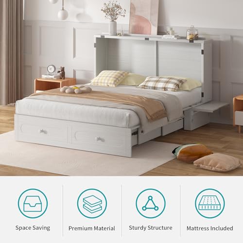 Queen Cabinet Chest Bed with USB Charging Station, Tri-Fold Mattress, 2 Storage Drawers Dark Grey L396