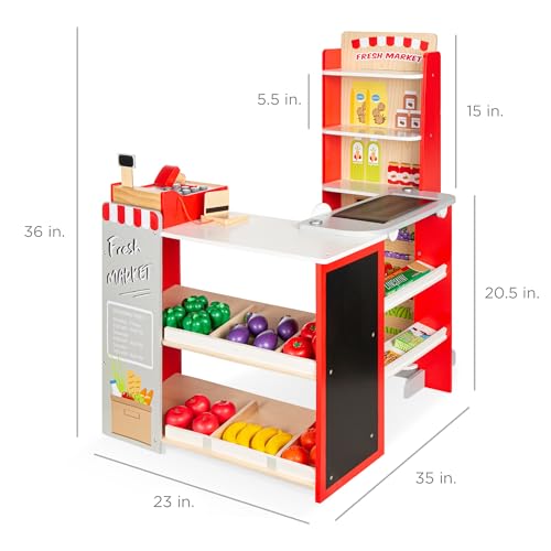 Red Wooden Supermarket Toy Set with Play Food, Cash Register, Conveyor L1942