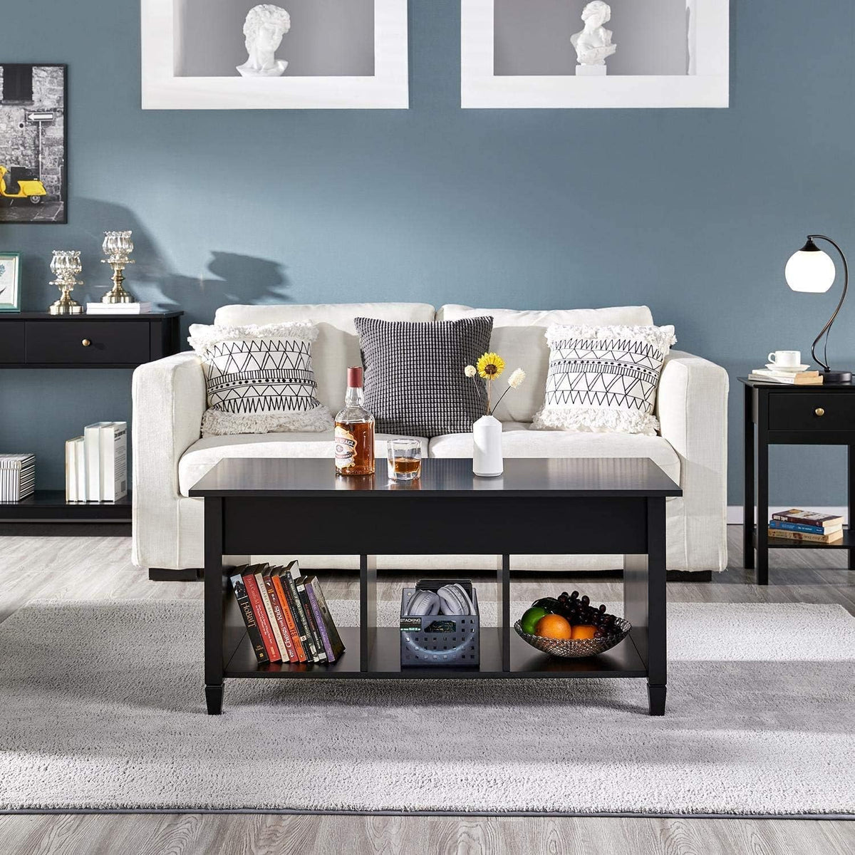 Black Lift Top Wood Coffee Table with Storage Shelf A294449