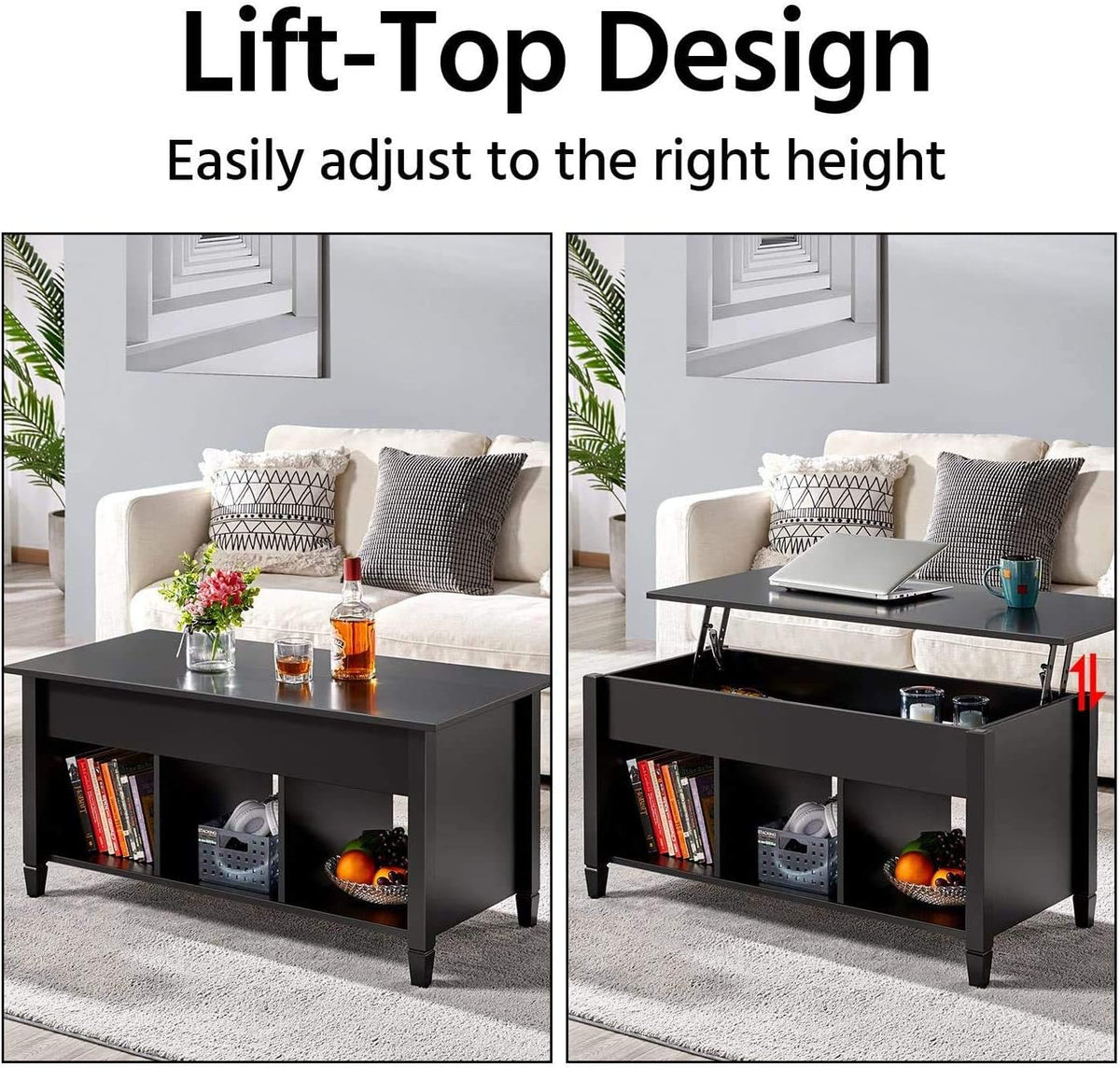 Black Lift Top Wood Coffee Table with Storage Shelf A294449