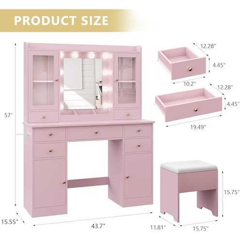 White Vanity Desk with Mirror and Lights and Storage Drawers E87774