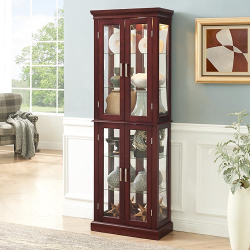 Lighted Glass Curio Display Cabinet with Adjustable Shelves and Mirrored Back G419679