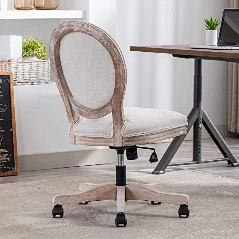 Beige Rattan Back Linen Swivel Task Chair with Wheels T40303