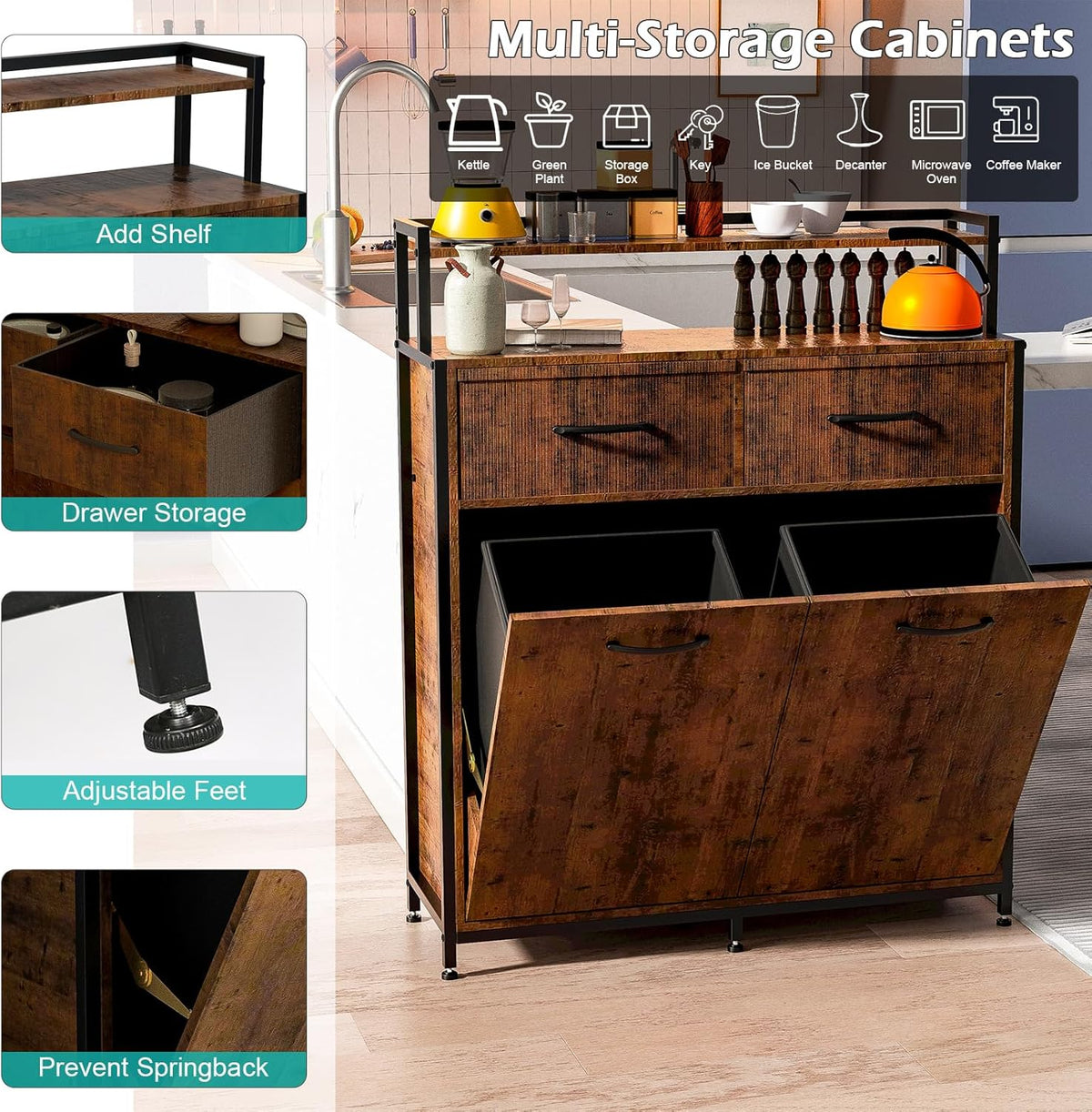 Dual Tilt Out Trash Cabinet with 2 Drawers and Shelf O654