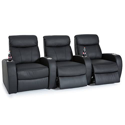 Black Top Grain Leather Powered Recline Row of 3 Home Theater Seating B691