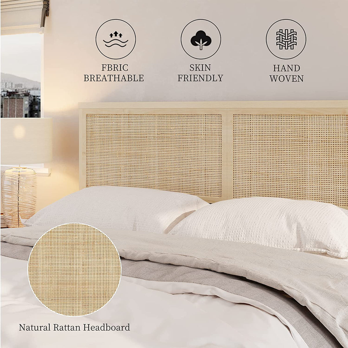 Natural Rattan Queen Bed Frame with Wooden Headboard and 4 Storage Drawers T4797