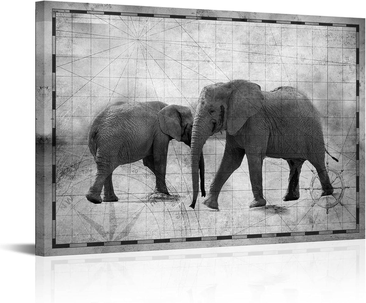 Vintage African Animals Wall Art Elephant Print on Nautical Map Canvas Picture Framed A5973