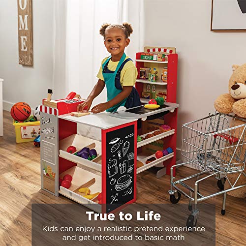 Red Wooden Supermarket Toy Set with Play Food, Cash Register, Conveyor L1942