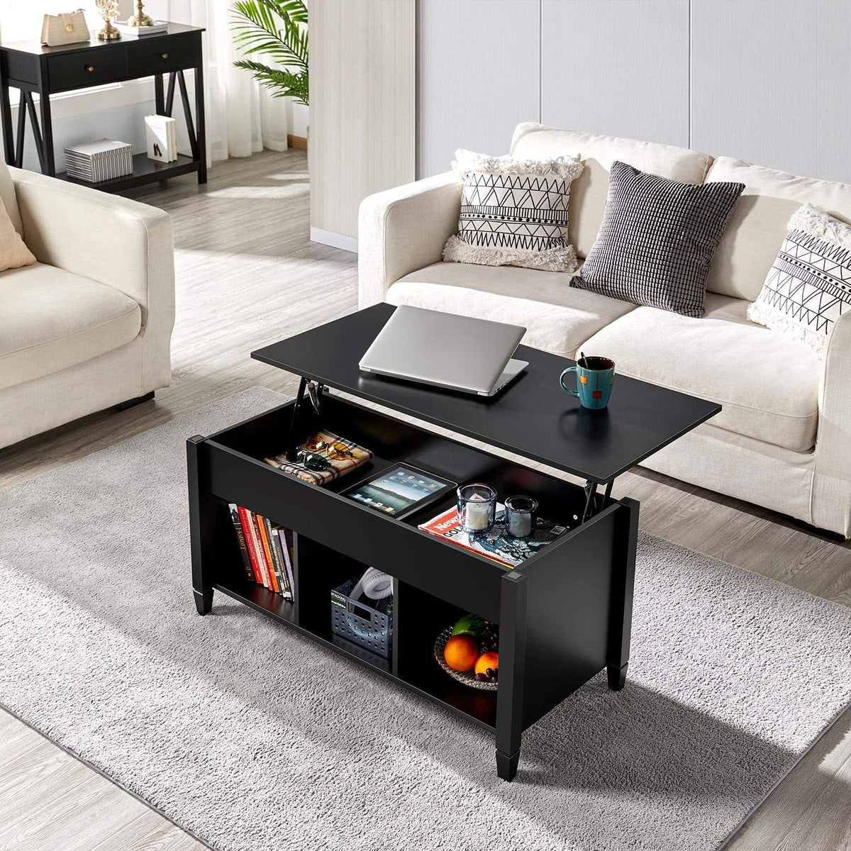 Black Lift Top Wood Coffee Table with Storage Shelf A294449