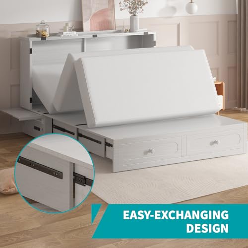 Queen Cabinet Chest Bed with USB Charging Station, Tri-Fold Mattress, 2 Storage Drawers Dark Grey L396