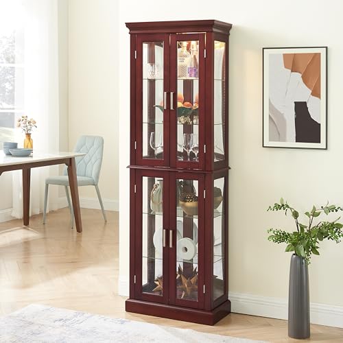 Lighted Glass Curio Display Cabinet with Adjustable Shelves and Mirrored Back G419679
