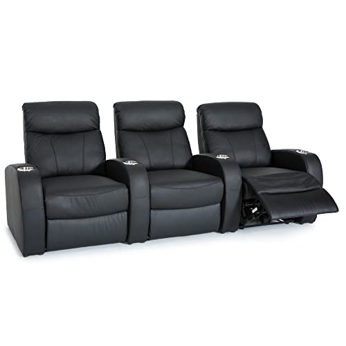 Black Top Grain Leather Powered Recline Row of 3 Home Theater Seating B691