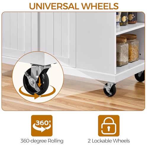 White Rolling Kitchen Island Cart with Drop Leaf, 2 Drawers N85781