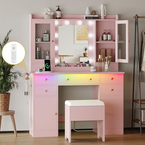 White Vanity Desk with Mirror and Lights and Storage Drawers E87774