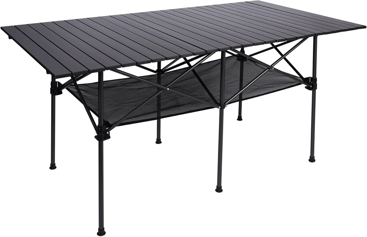 Aluminum Camping Table Roll Top with Mesh Storage, Folding Lightweight, Black, 37.4x25 Inch Q924604