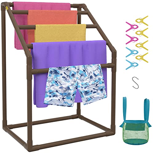 5 Bar Brown Freestanding PVC Pool Towel Rack with 8 Towel Clips F544