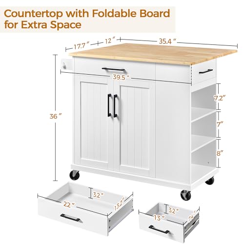 White Rolling Kitchen Island Cart with Drop Leaf, 2 Drawers N85781