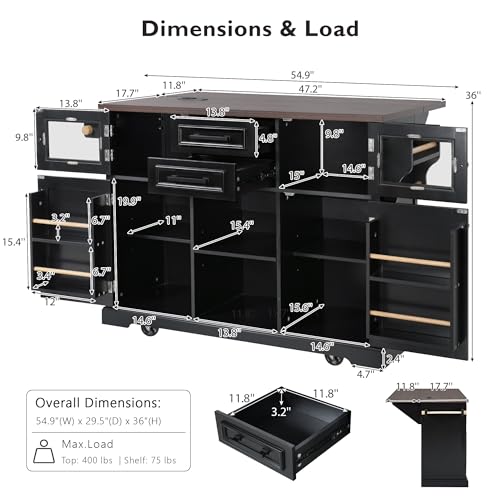 Black Drop Leaf Kitchen Island with Power Outlet Rolling Storage Cart X99813