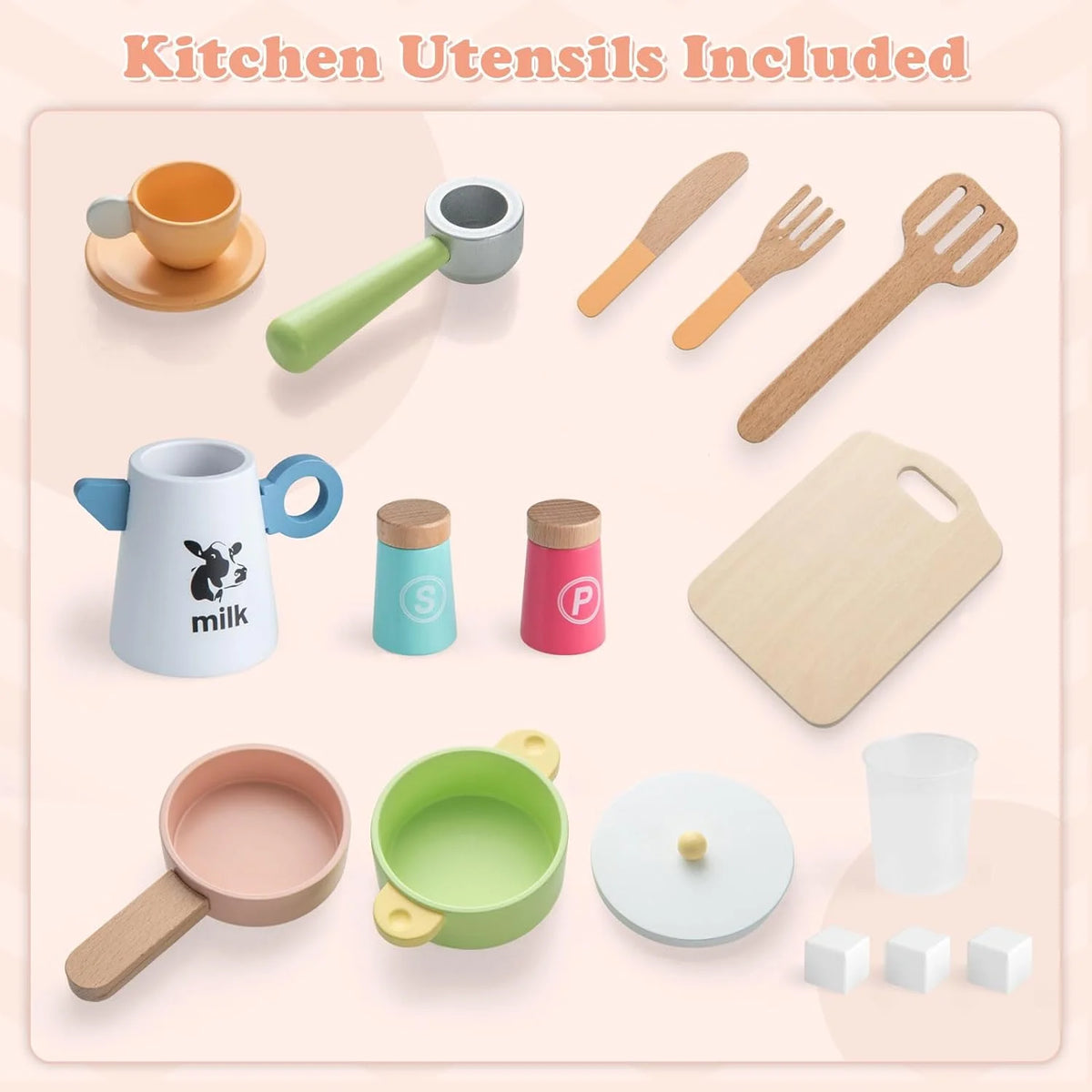 Peach Pink Wooden Kids Kitchen Playset R848536