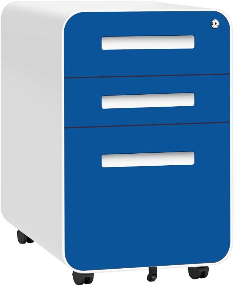 Blue 3 Drawer Locking Metal Rolling File Cabinet I840