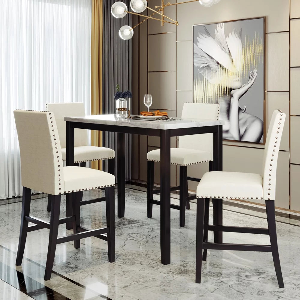 5 Pieces Counter Height Faux Marble Dining Set with 4 Upholstered Chairs X1730