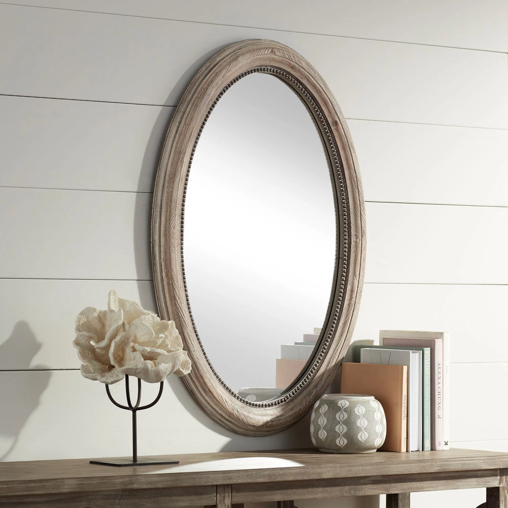 Oval Decorative Wall Mirror Beaded Trim Wood Frame 23 1/2" Wide N4735