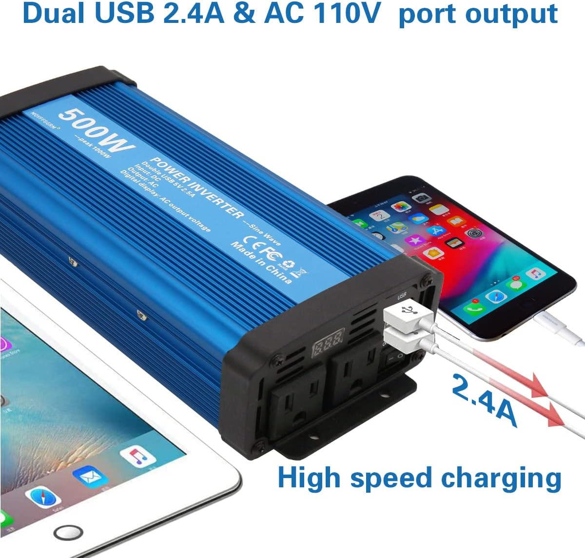 500W Pure Sine Wave Power Inverter DC 12V to 110V AC with 2.4A Dual USB Y607353