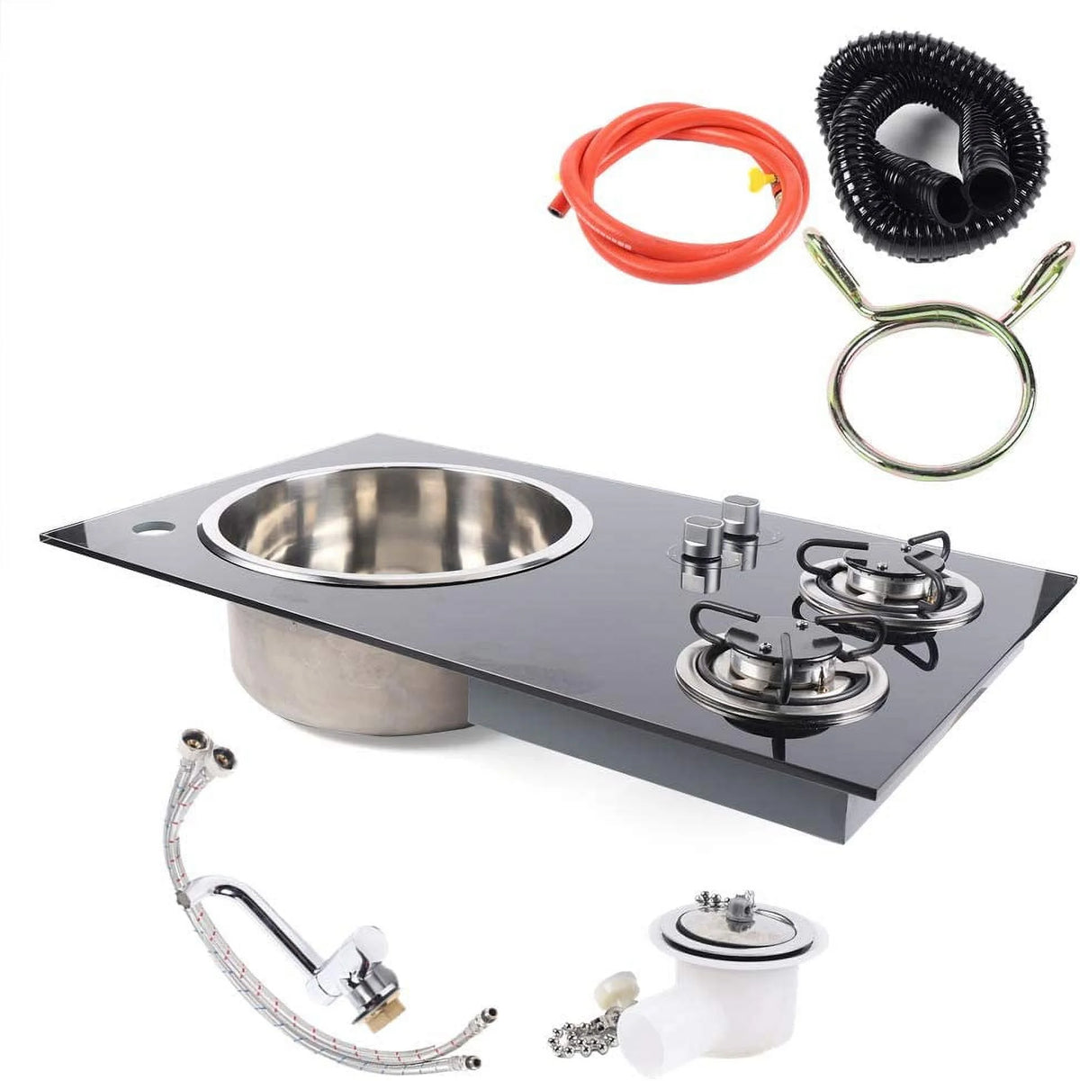 Gas Camping Stove 2 Burners with Tempered Glass Lids and Sink Comb R4523