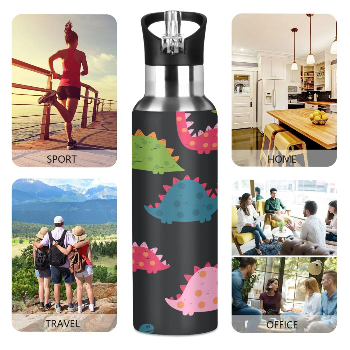 Rainbow Dinosaur Stainless Steel Insulated Water Bottle B54119