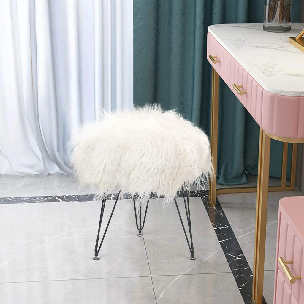 Faux Fur Ottoman Footrest with Metal Legs White B616847