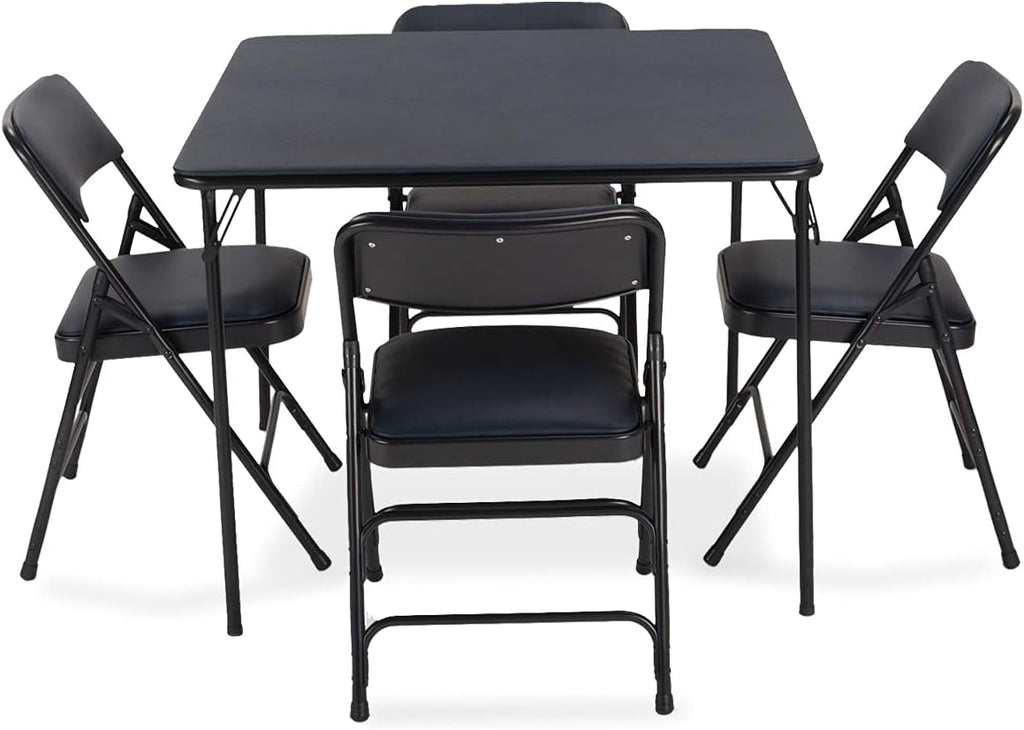 5 Pieces Folding Card Table and Metal Folding Chair Set Navy Blue Fabric Q9033