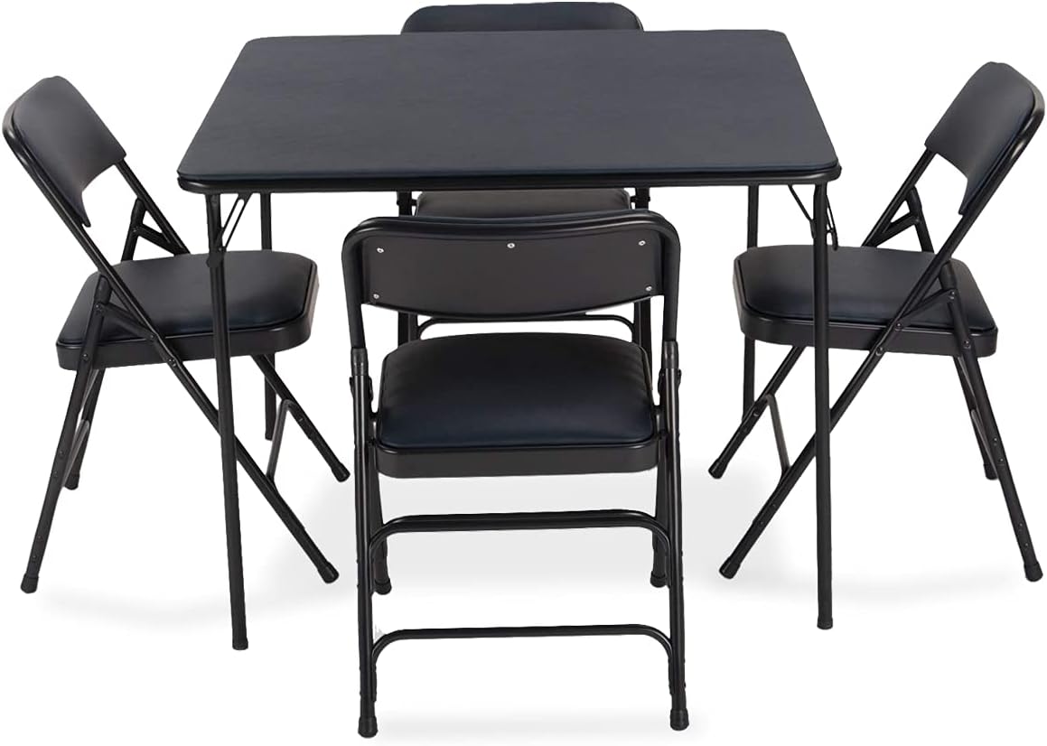 5 Pieces Folding Card Table and Metal Folding Chair Set Navy Blue Fabric Q9033